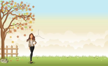 Yeşil çim manzara güzel bir kadınla. Mutlu işkadını.