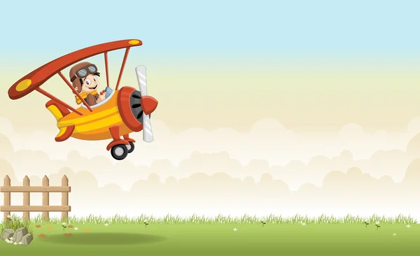 Yeşil peyzaj üzerinde uçan bir uçak pilot çocuk çizgi film — Stok Vektör