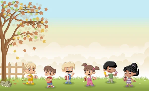 Paysage gazon avec dessin animé enfants manger malbouffe — Image vectorielle
