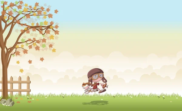 Травяной пейзаж с мультяшным мальчиком в шлеме и очках, бегающих с игрушками для самолетов — стоковый вектор
