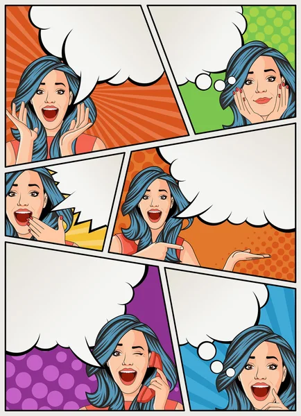 Comic book page with retro woman talking. Comic strip background with speech bubbles. — Stock Vector