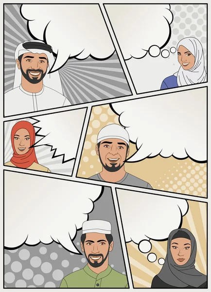 Pagina di fumetti con persone musulmane che parlano . — Vettoriale Stock