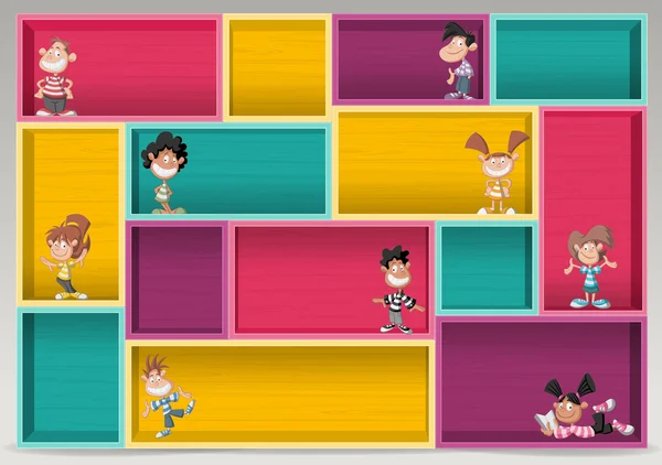 Estante de madera colorido con niños de dibujos animados felices — Vector de stock