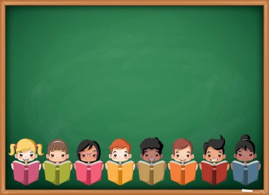 Çizgi film çocuklar yeşil kara tahta yazı tahtası üzerinde kitap okuma.