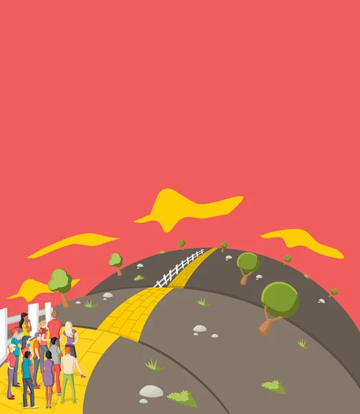 Mensen die proberen om een Yellow Brick Road kruis op de heuvel — Stockvector