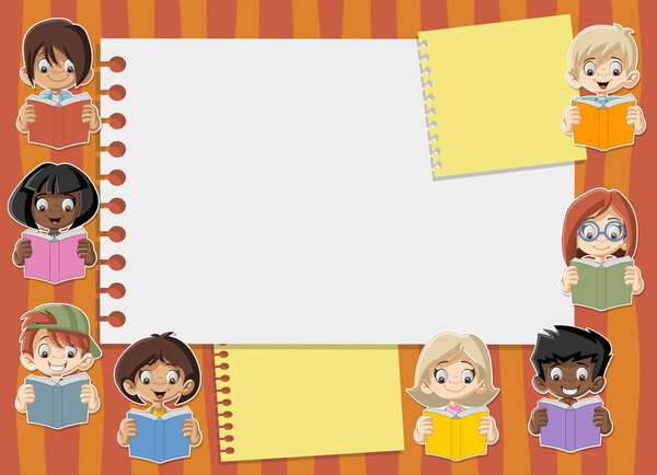 Card with cartoon student children reading books.