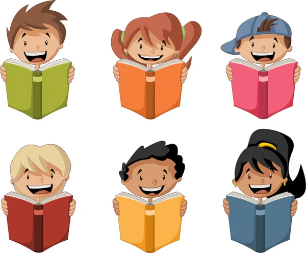 Niños de dibujos animados leyendo libros. Estudiantes . — Vector de stock