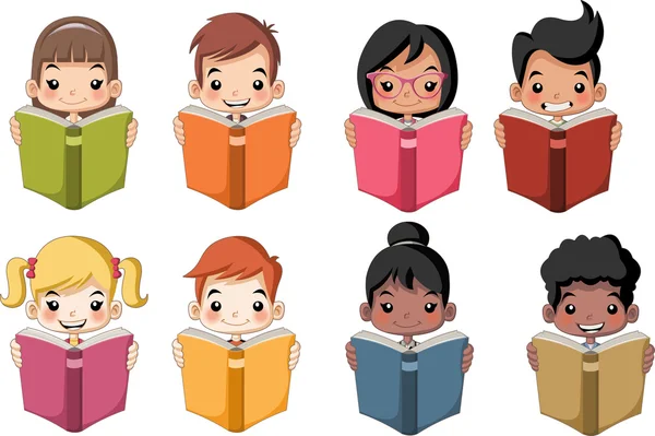 Kreskówka dzieci, czytanie książek. Studenci. — Wektor stockowy