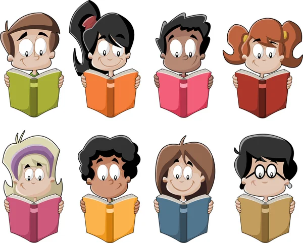 Cartoni animati bambini che leggono libri. Studenti . — Vettoriale Stock