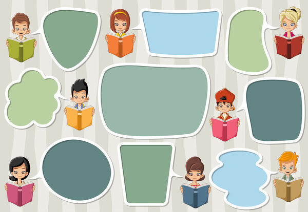 cartoon children reading books. Students talking with speech bubbles.
