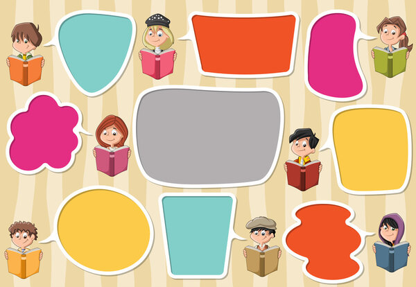 cartoon children reading books. Students talking with speech bubbles.