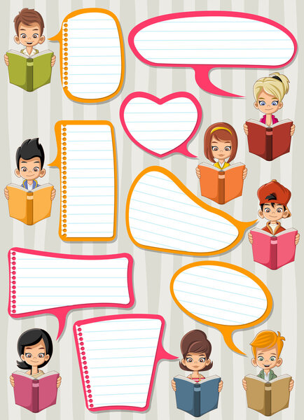 cartoon children reading books. Students talking with speech bubbles.
