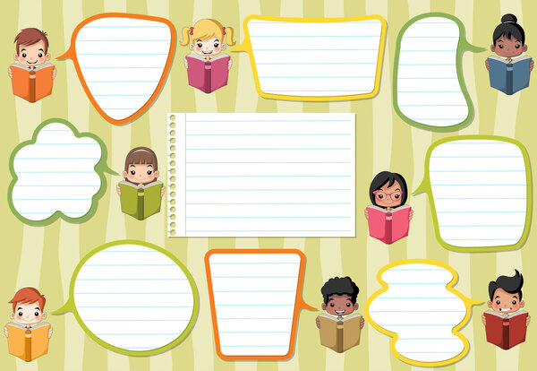 cartoon children reading books. Students talking with speech bubbles.