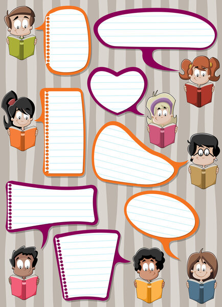 cartoon children reading books. Students talking with speech bubbles.