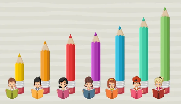 Studenti dei cartoni animati bambini che leggono libri davanti al grafico a matita colorata — Vettoriale Stock