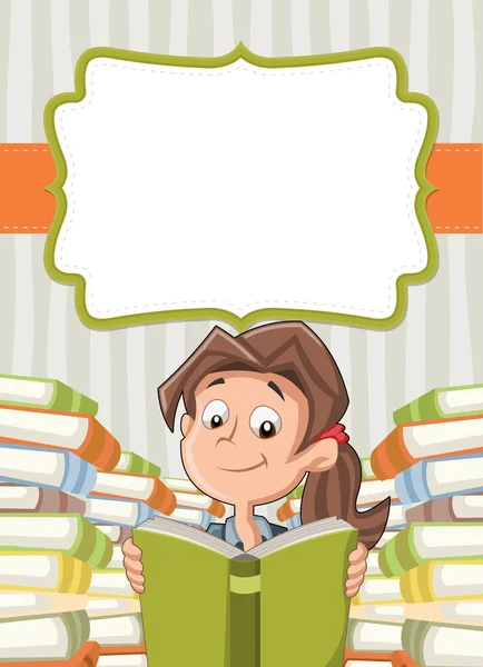 Cartoon girl reading books. Student. — Stock Vector