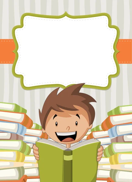 Card with cartoon boy reading books. — Stock Vector