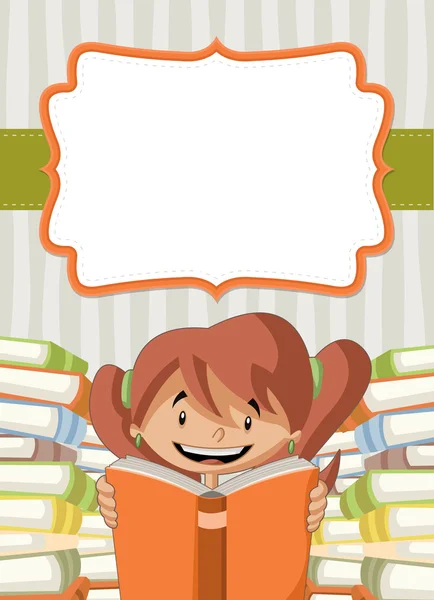 Chica de dibujos animados leyendo libros. Estudiante . — Vector de stock