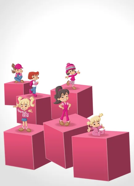 3D kuber med cartoon girls. — Stock vektor