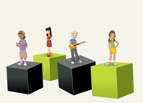 3D kuber med cartoon tonåringar. — Stock vektor