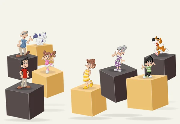 3d cubes avec mignon heureux famille de dessin animé avec animaux de compagnie . — Image vectorielle