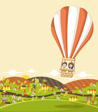 Çizgi film çocukları içeri sıcak hava balonu uçan