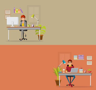 Bilgisayarla çalışma çizgi film iş adamları ile şablonu. 