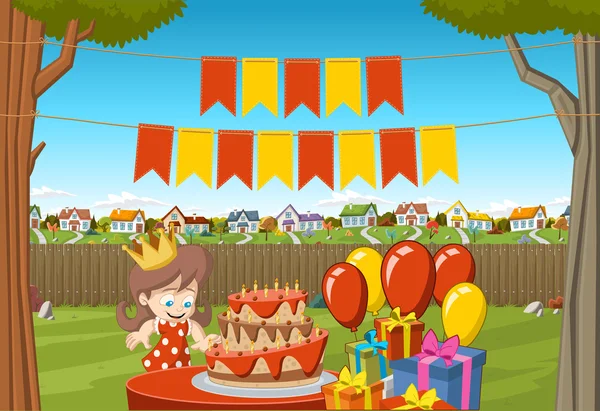 Afiş üzerinde çizgi film kız renkli bir evin arka bahçesinde bir doğum günü partisinde — Stok Vektör