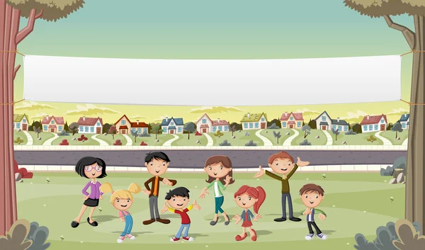 Banner over cartoon familie in de voorstad wijk. — Stockvector