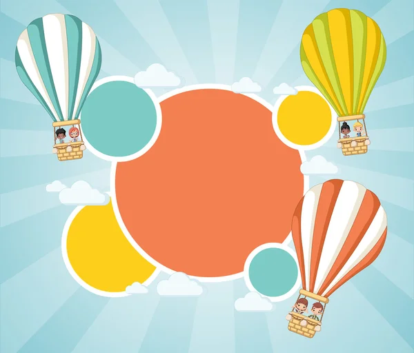 Cartoon-Kinder in einem Heißluftballon am Himmel — Stockvektor