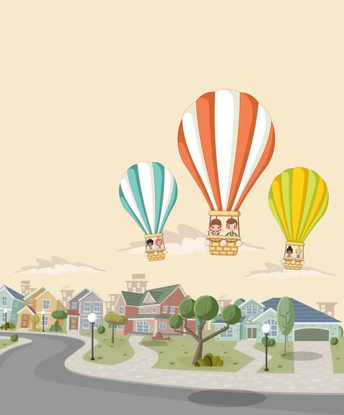 Niños de dibujos animados dentro de un globo aerostático volando — Vector de stock