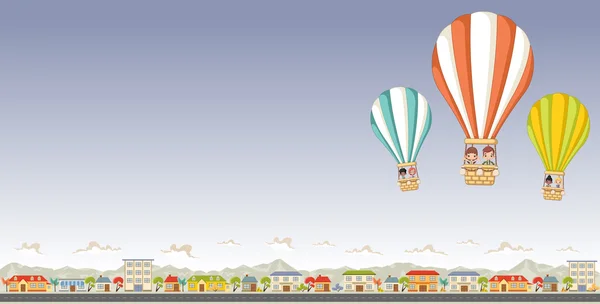 Дети мультфильма летят на воздушном шаре — стоковый вектор