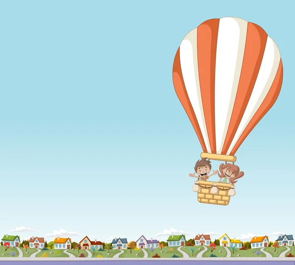 Κινούμενα σχέδια παιδιά μέσα σε ένα ιπτάμενο μπαλόνι θερμού αέρα — Διανυσματικό Αρχείο