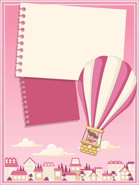 Card with cartoon baby girl inside a hot air balloon — Stock Vector