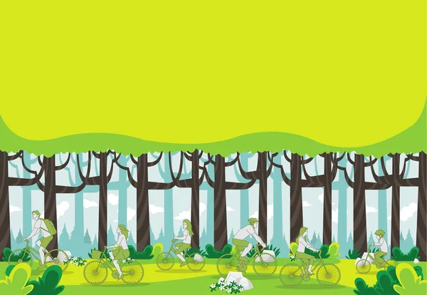 Bosque con gente montando bicicletas — Vector de stock