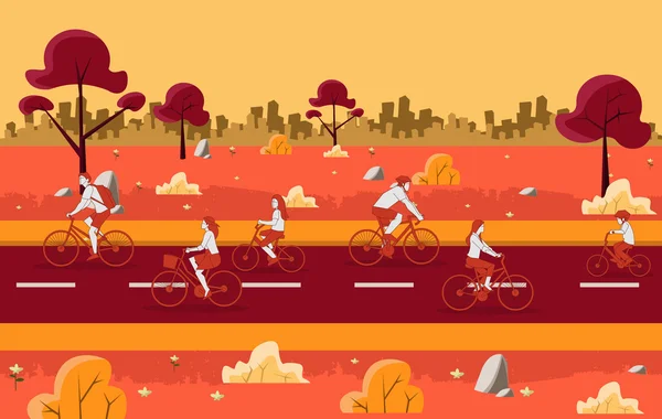 Parc coloré avec des gens à vélo — Image vectorielle