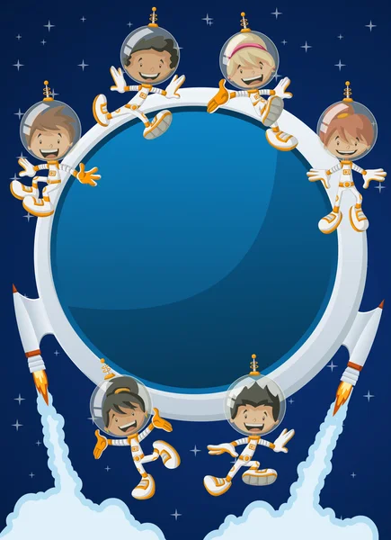 Futuristische Rakete Bildschirm mit Astronauten Karikatur Kinder — Stockvektor