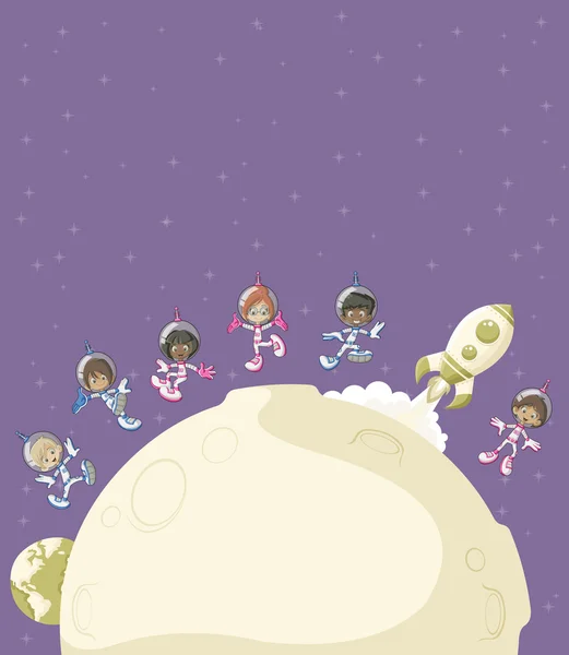 Astronauti bambini dei cartoni animati che volano intorno e luna — Vettoriale Stock