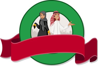 Vektör afiş ve arka planlar ile karikatür Müslüman çift geleneksel kıyafetlerle etiketleri. 