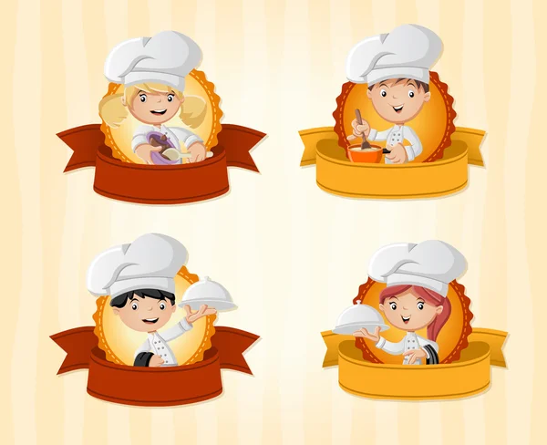 Banderas / fondos vectoriales con chefs de dibujos animados cocinando y sosteniendo bandeja con comida . — Vector de stock
