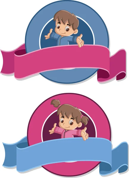 Vector banners and labels backgrounds with baby boy and baby girl. — Stock Vector