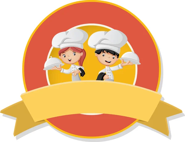 Banderas vectoriales y fondos de etiquetas con chefs de dibujos animados sosteniendo bandeja con comida . — Archivo Imágenes Vectoriales