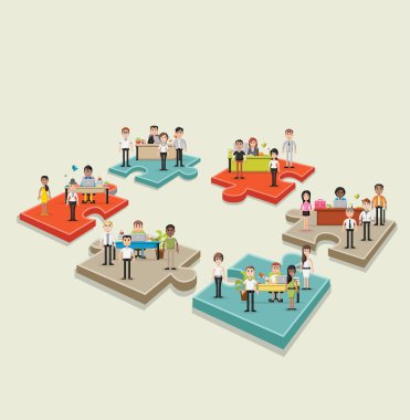Puzzle parçaları bilgisayarla çalışma iş adamları ile. 