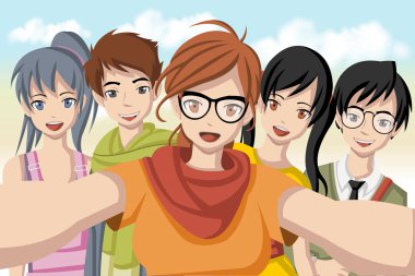 Gençlerin grup selfie fotoğrafta çizgi film.