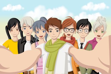Gençlerin grup selfie fotoğrafta çizgi film.