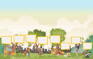 Güzel park üzerinde konuşma kabarcıkları ile konuşuyor karikatür gençler