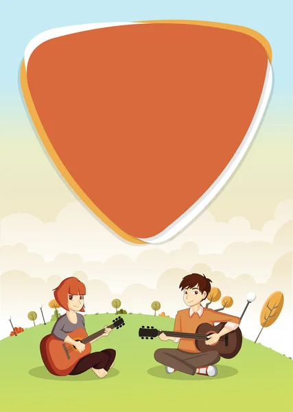 Template with cartoon teenagers playing guitar on green park — Stock Vector