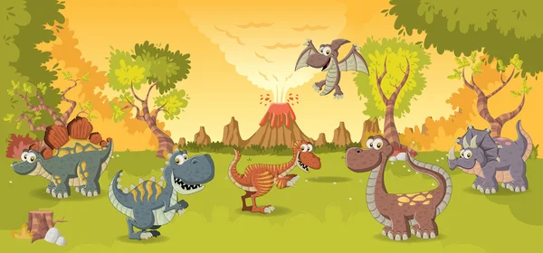 Bosque con volcán y divertidos dinosaurios de dibujos animados . — Vector de stock