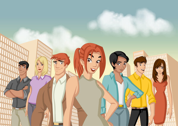 business cartoon young people in the city