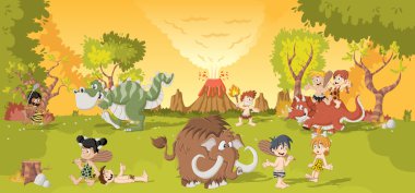 Çizgi film mağara yanardağ ve komik karikatür dinozorlar ile ormanda grup.